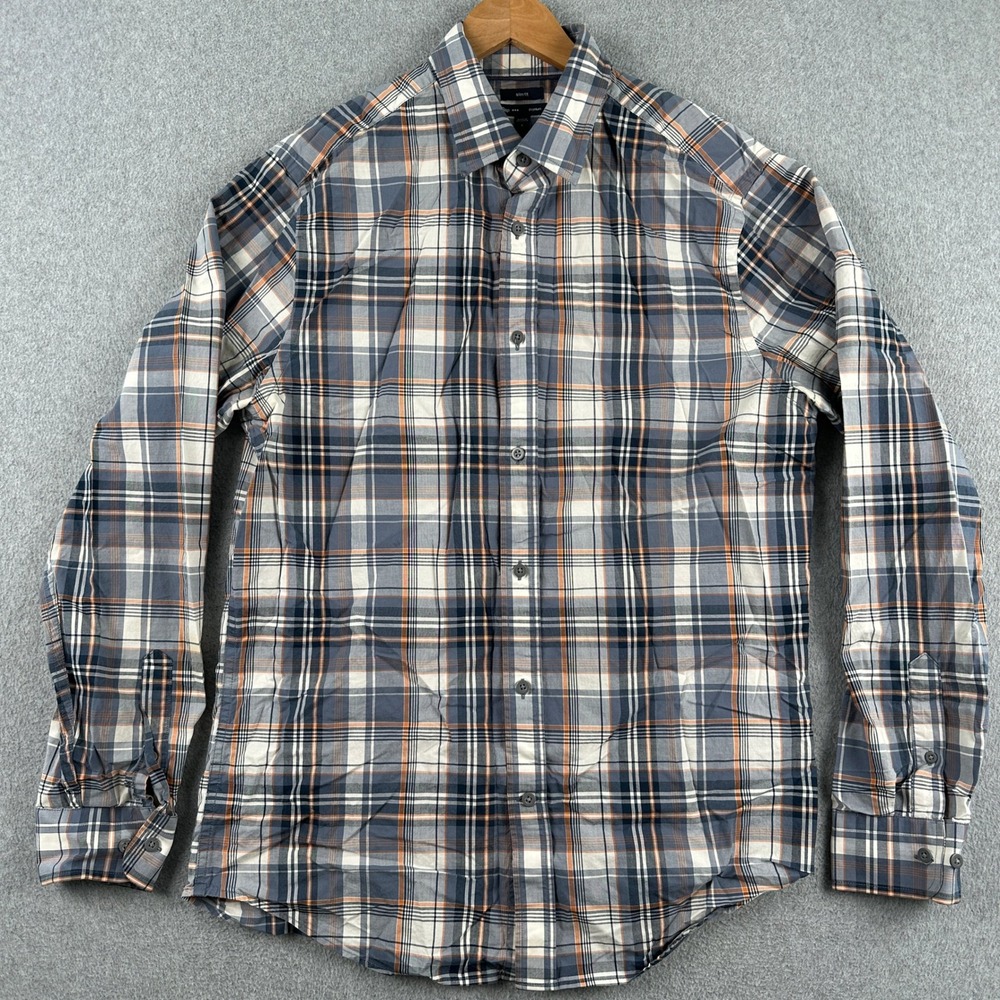 Gap Shirt Mens Large Gray Orange Plaid Premium Slim Fit Long Sleeve Button Up